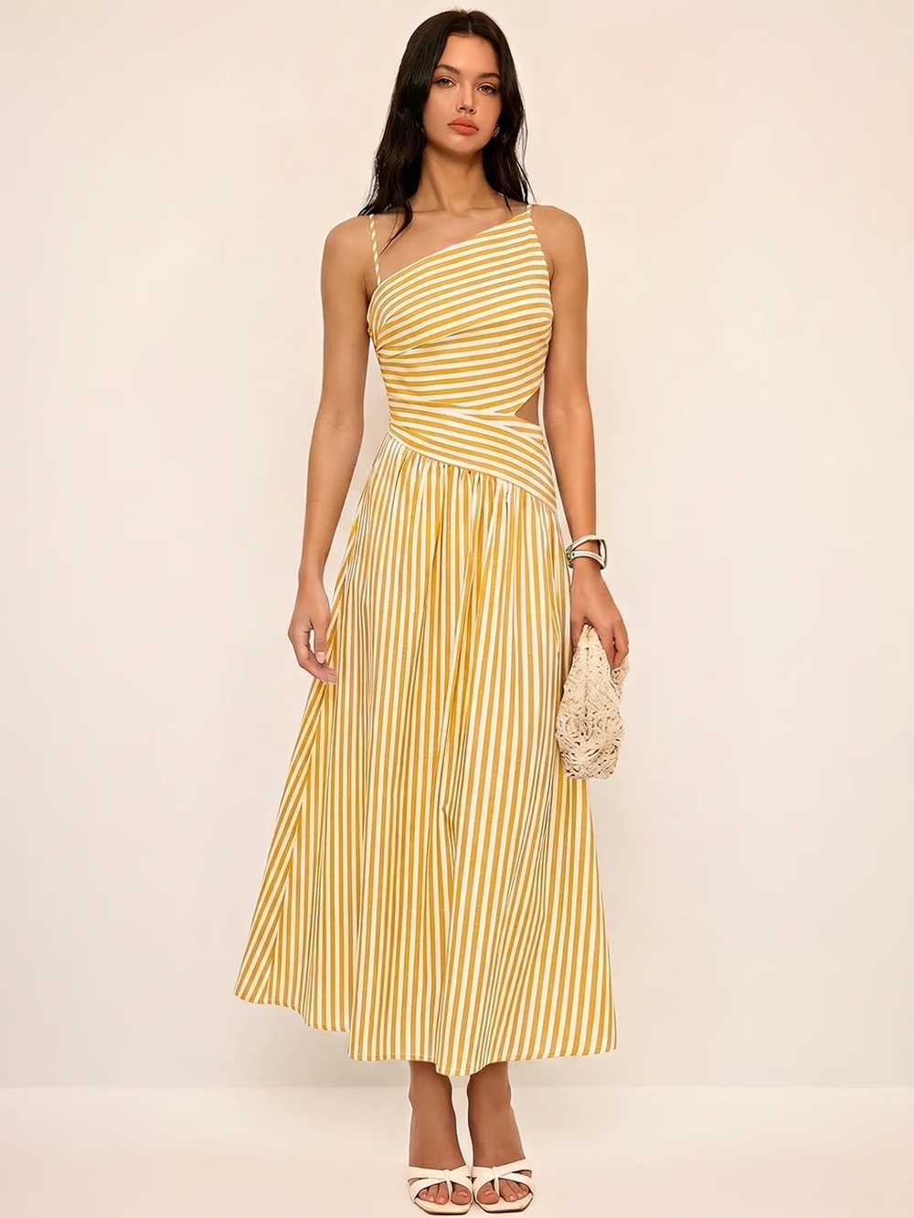 COMMENSE Striped Cut-Out Asymmetric Cami Maxi Dress - size Small